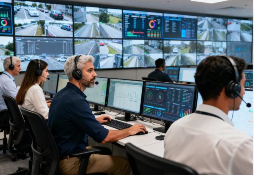 3cxCloud.LT ALERT – apsauga: stebėjimo centro operatoriai prie vaizdo kamerų ekranų sienos