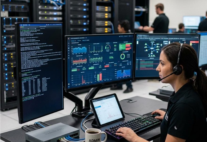 3cxCloud.LT ALERT – IT monitoringas: centro darbuotoja prie ekranų su stebėsenos rodikliais, fone serverių stovai